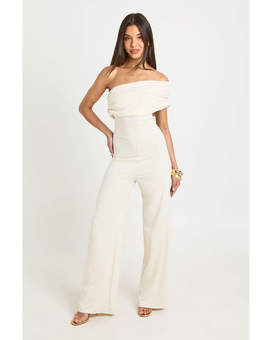 Boohoo White Jersey Crepe Bardot Wide Leg Jumpsuit