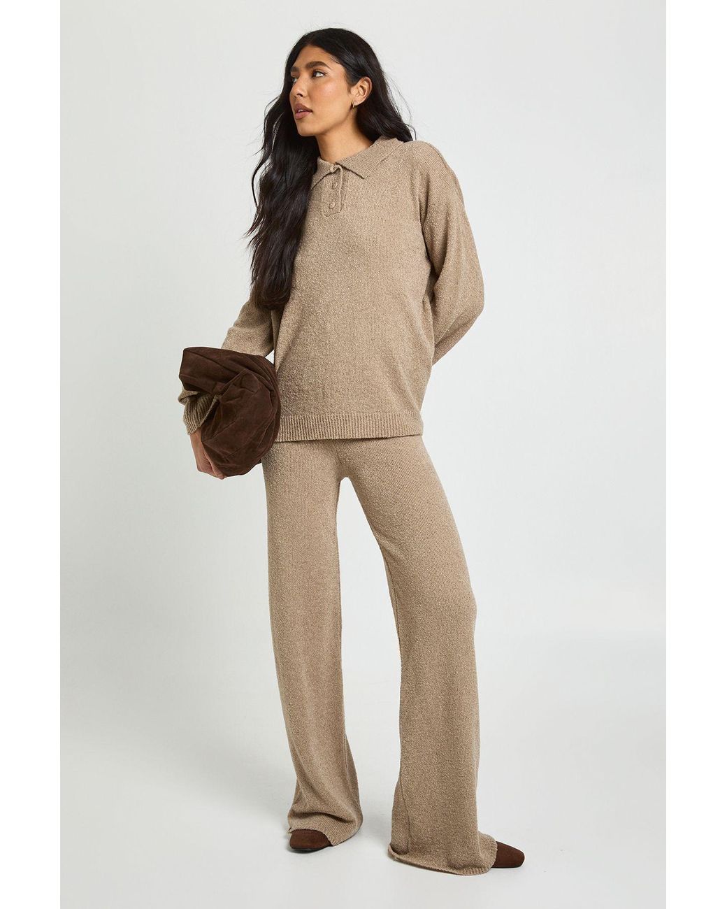 Boohoo Natural Tall Collared Button Down Oversized Knitted Jumper And Straight Leg Trouser Co-Ord