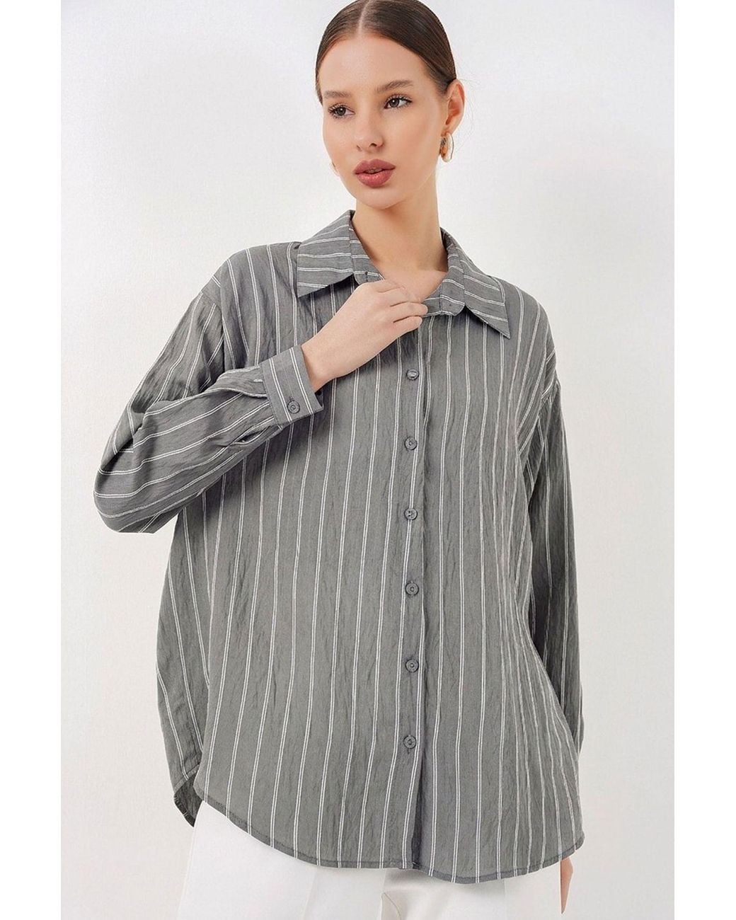 Bigdart Gray Textured Striped Oversized Shirt With Button Closure