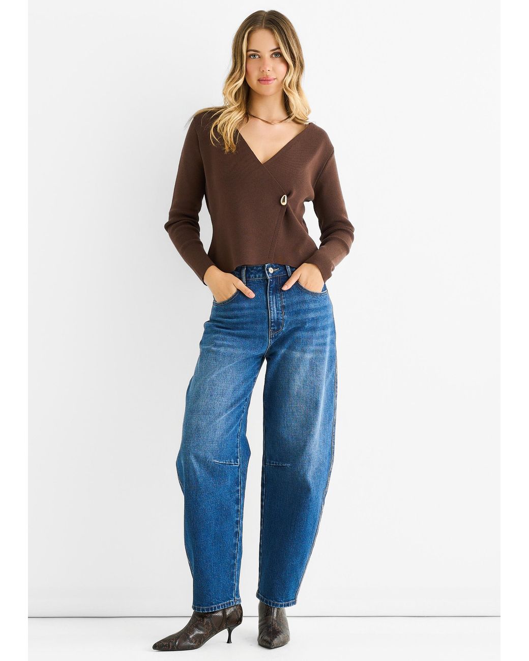 Gini London Blue Button Wrap Compact Knit Cardigan