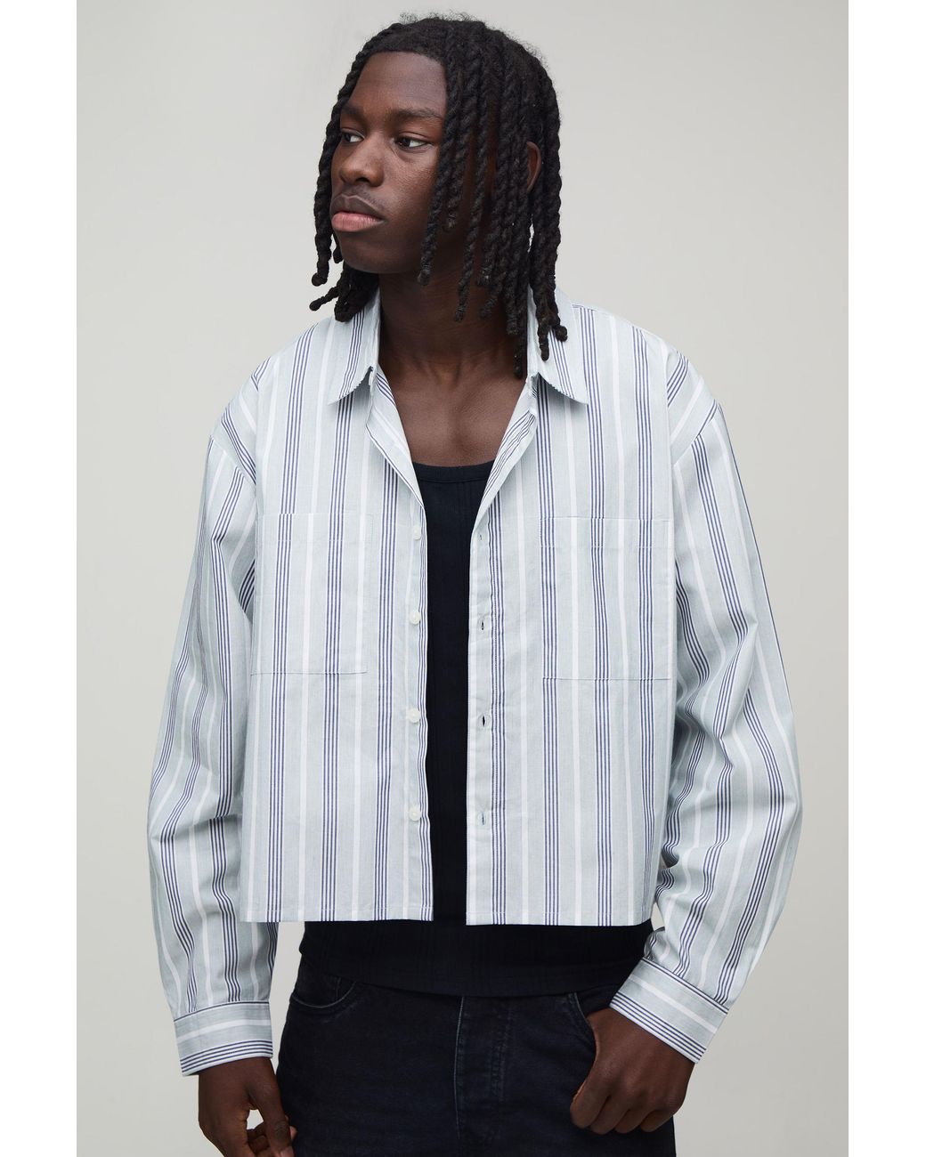 BoohooMAN Black Oversized Crop Boxy Stripe Long Sleeve Shirt for men