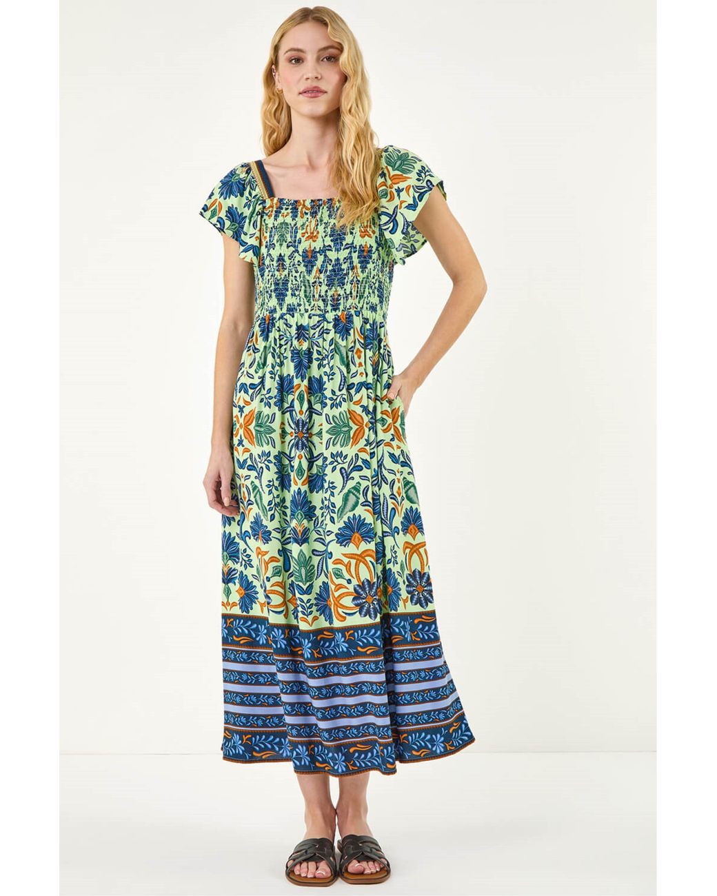 Roman Blue Leaf Border Midi Dress