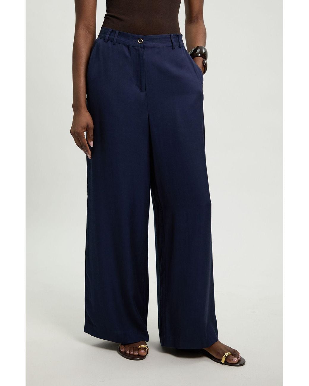 Karen Millen Blue Premium Viscose Linen Woven Straight Leg Trouser