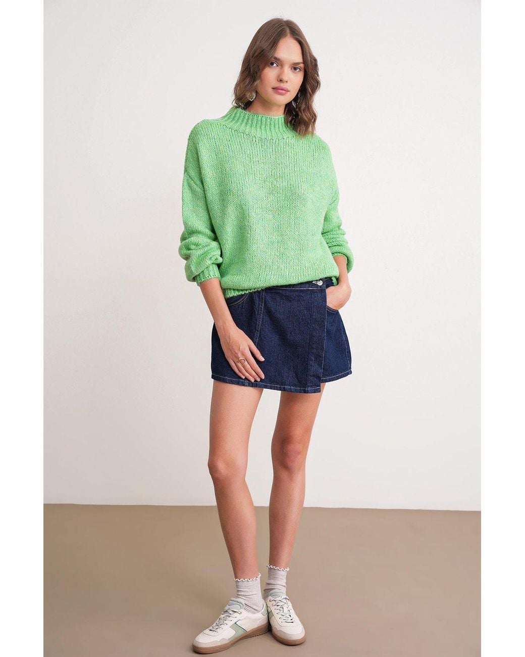 MixRay Green Relaxed Fit Crew Neck Thick Knit Sweater
