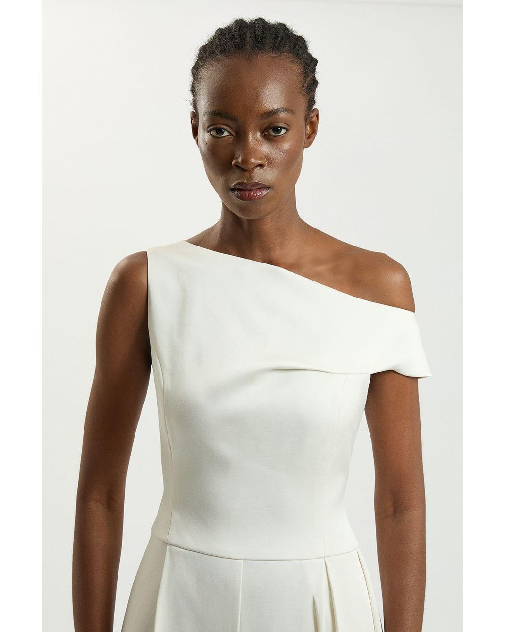 Karen Millen White Petite Tailored Satin Drape Asymmetric Jumpsuit