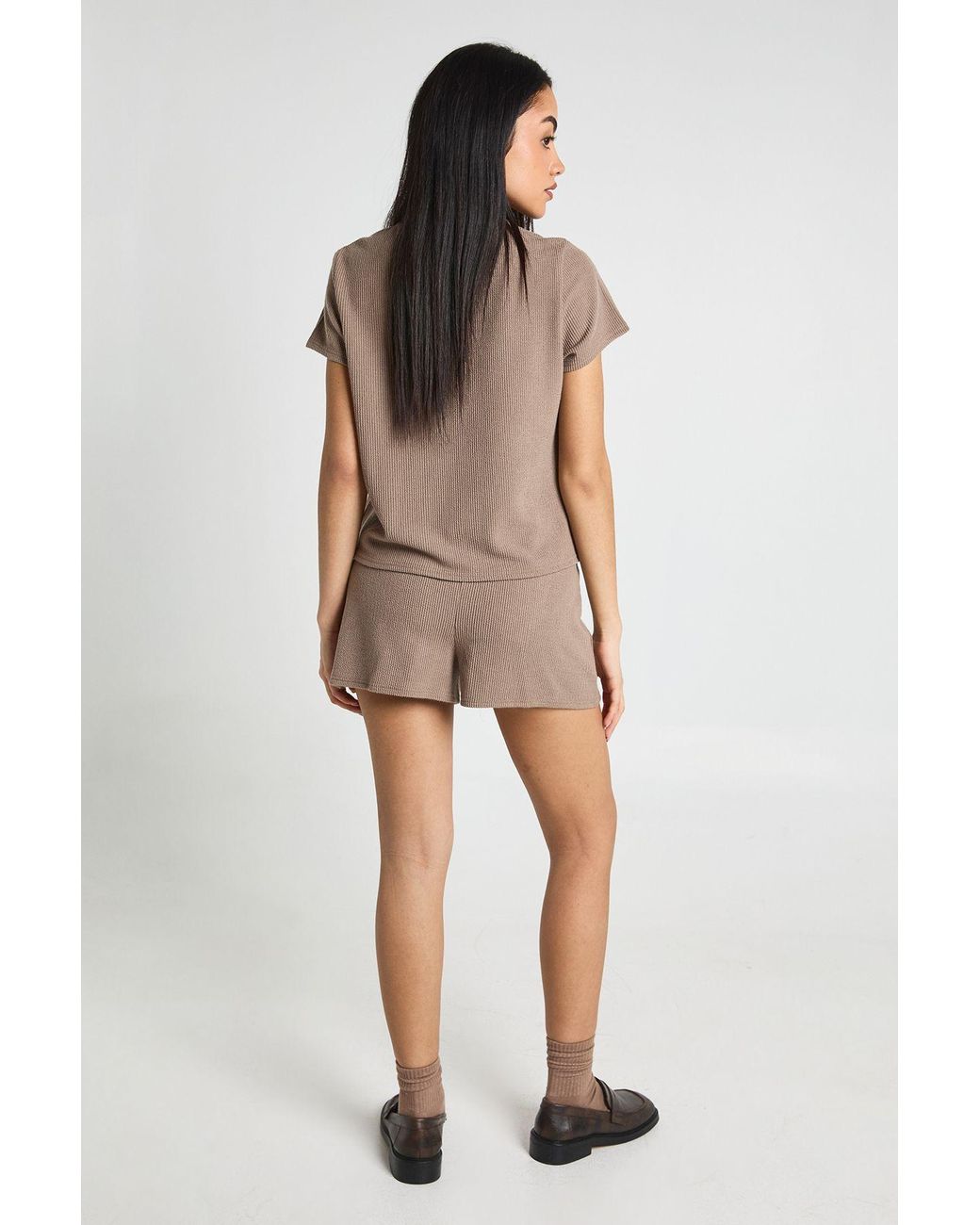 Boohoo Natural Rib Button Through Short Sleeve Top And Co-Ord
