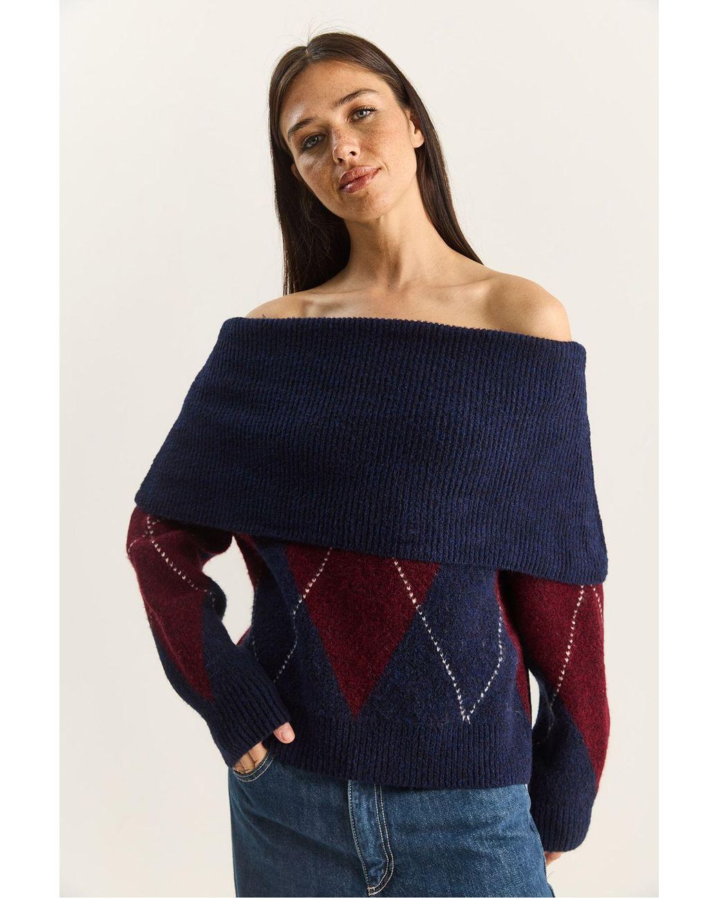 Bianco Lucci Blue Madonna Collar Knitted Sweater With Baklava Pattern