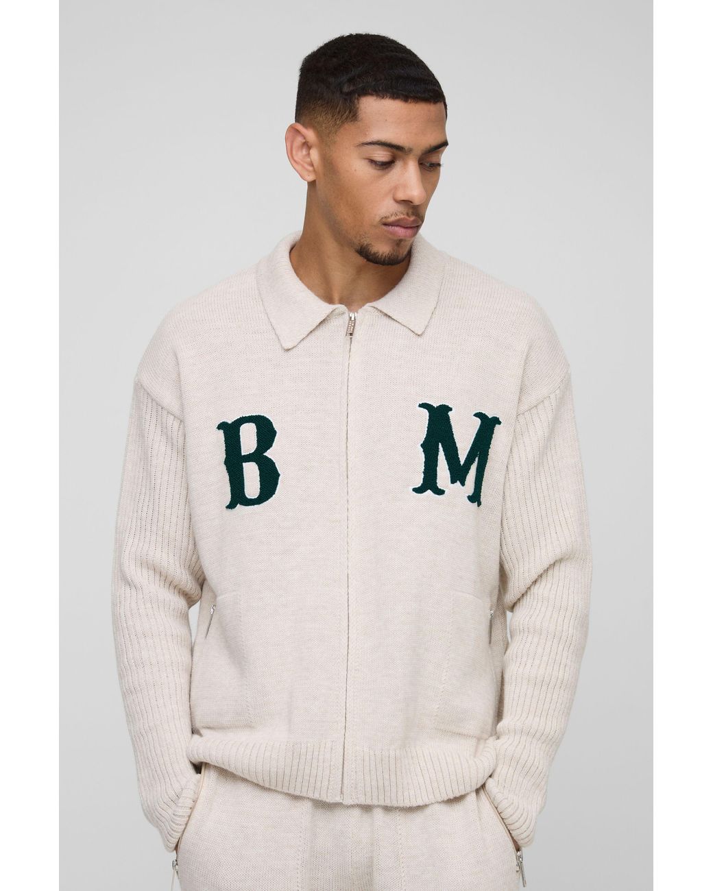 BoohooMAN Natural Bm Oversized Boucle Knitted Harrington Jacket for men