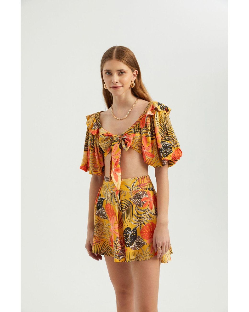 Hiccup Orange Sweetheart Neck Tie Front Puff Sleeves Crop Top