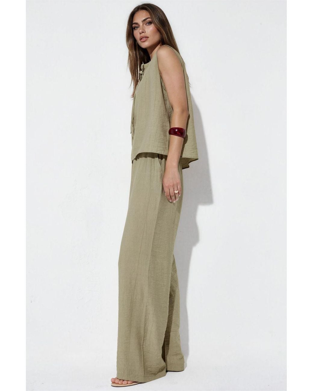 Hiccup Natural Viscose Blend Blouse With Tie Detail & Elastic Waist Pants Set