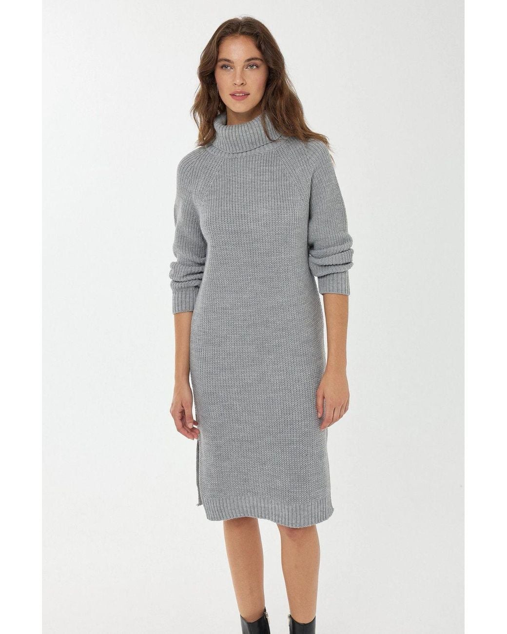 Hiccup Gray Knitted High-Neck Midi Dress