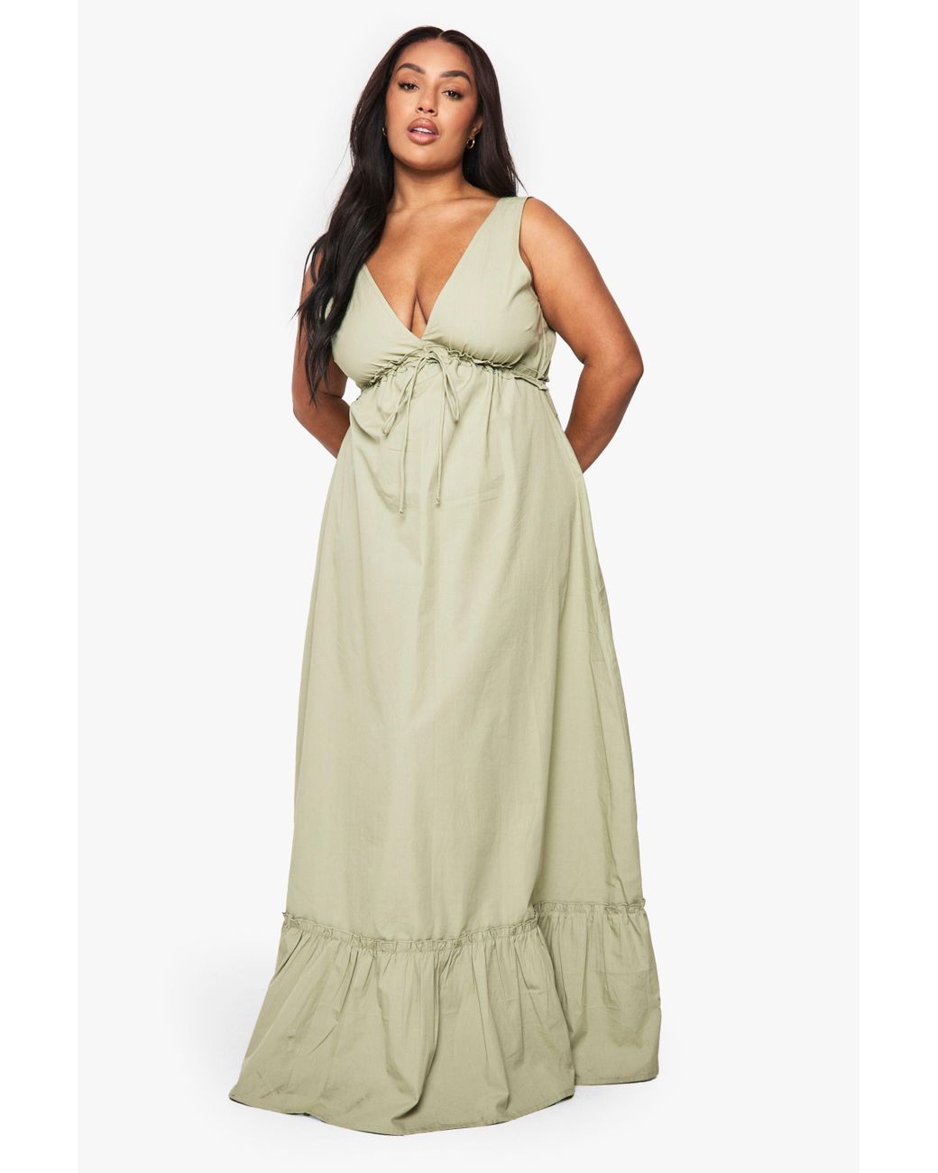 Boohoo Natural Plus Cotton Poplin Ruched Tie Detail Maxi Dress