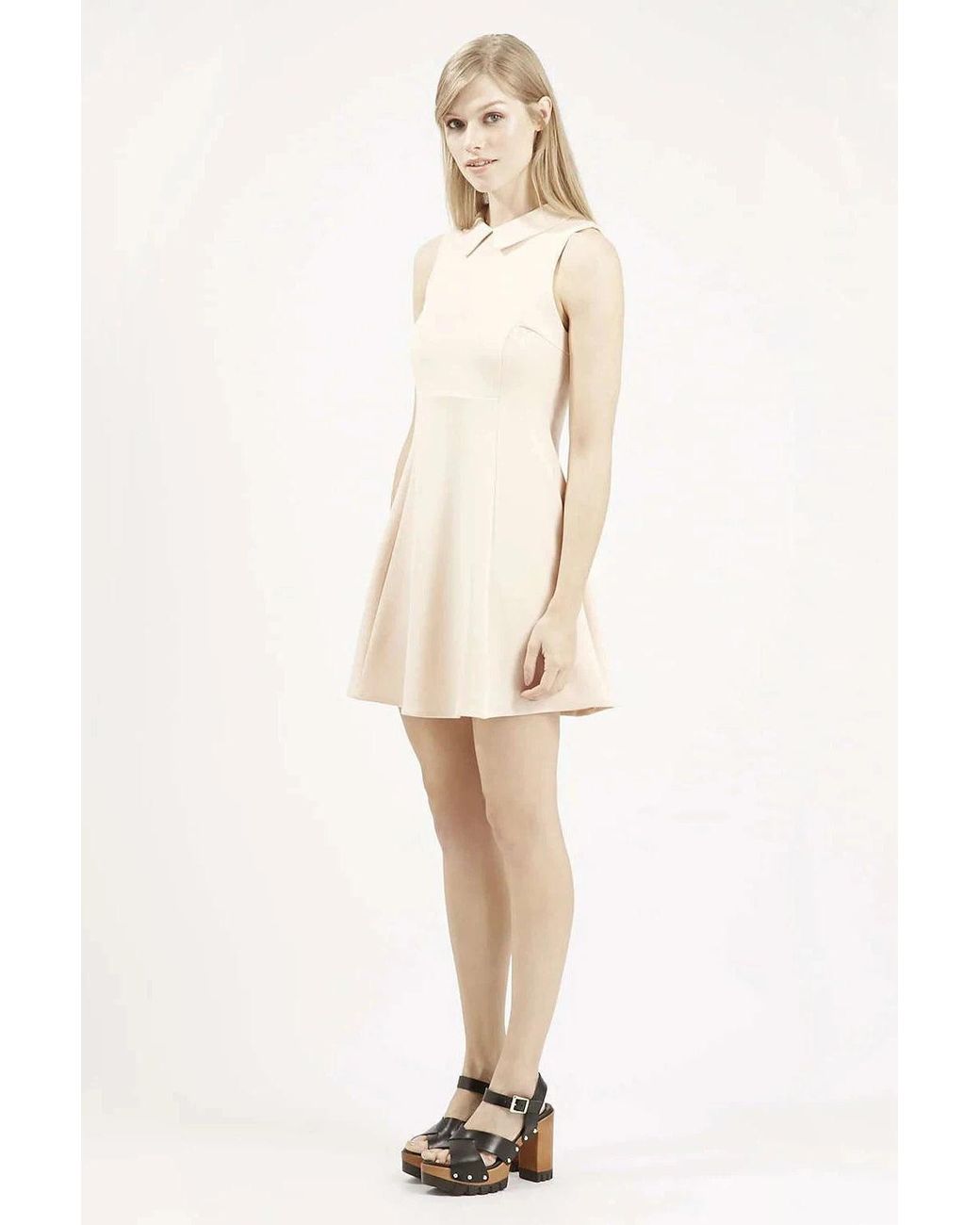 TOPSHOP Natural Sleeveless Skater Dress With Collar
