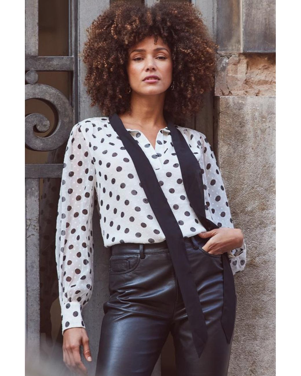 Sosandar Brown Ivory & Spot Print Tie Neck Blouse