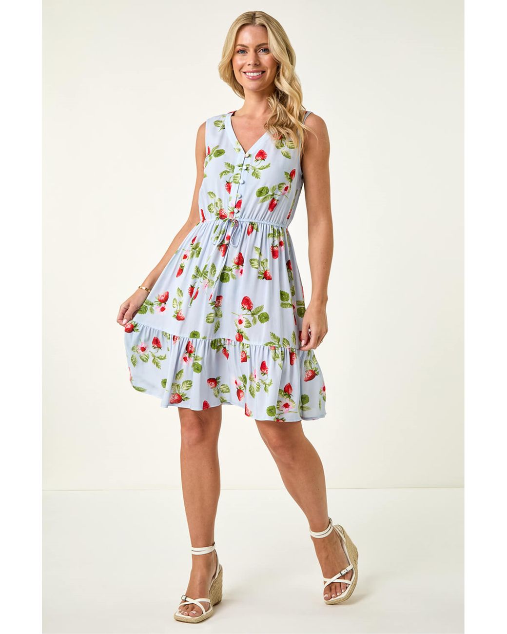 Roman Blue Petite Strawberry Tie Waist Dress