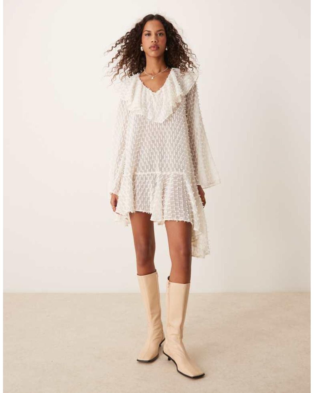 ASOS Natural V Neck Asymmetric Hem Dobby Mini Dress