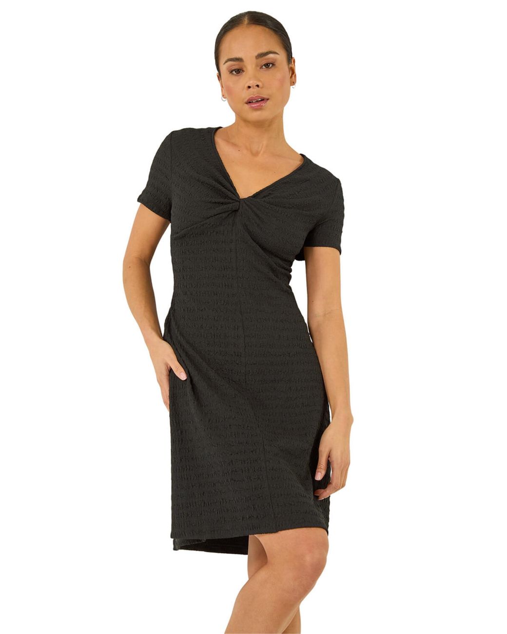 Roman Black Petite Textured Twist Front Dress