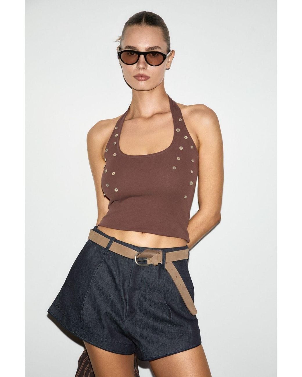 Grimelange Brown Simple Straight Pull-On Blouse