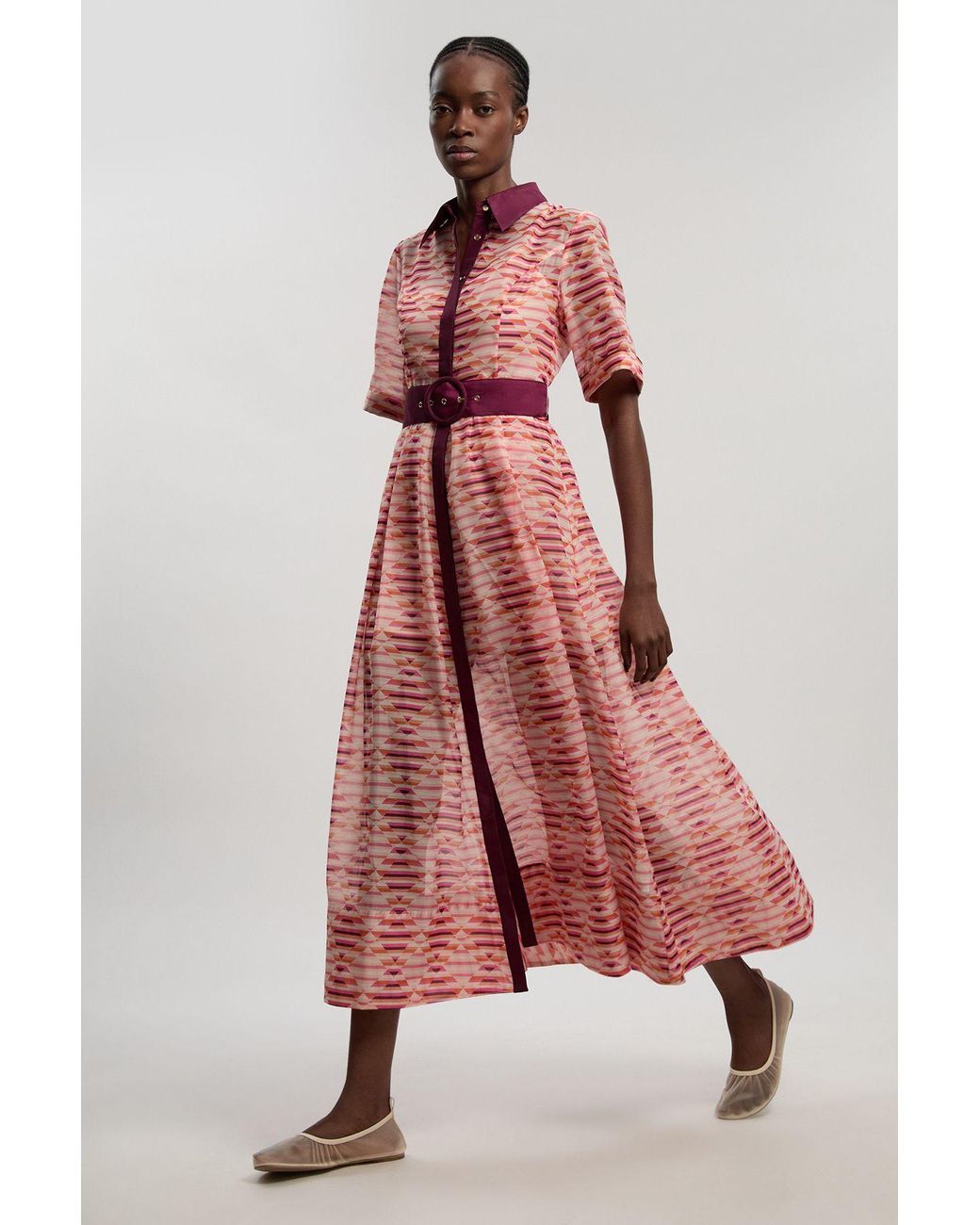 Karen Millen Pink Geo Printed Organdie Woven Midi Shirt Dress