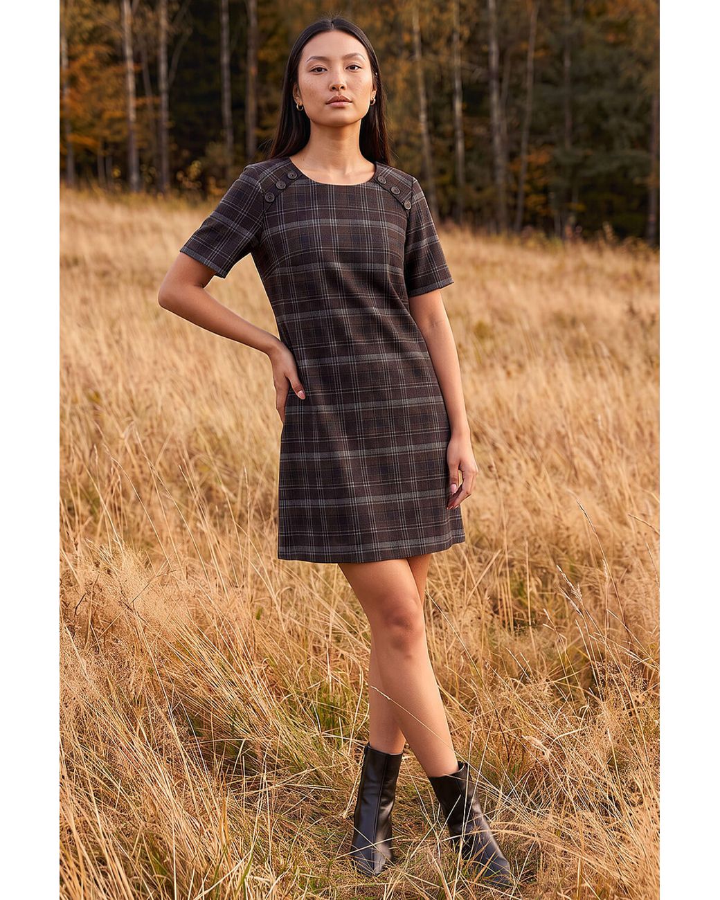 Roman Black Check Button Detail Dress