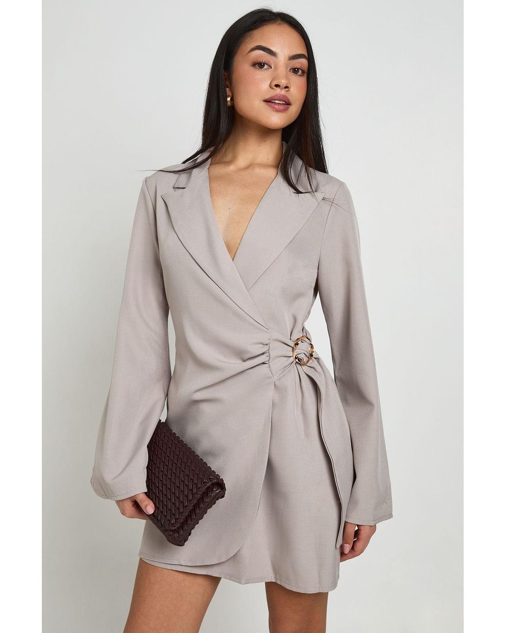 Boohoo Multicolor Linen Look Trim Tie Side Blazer Dress