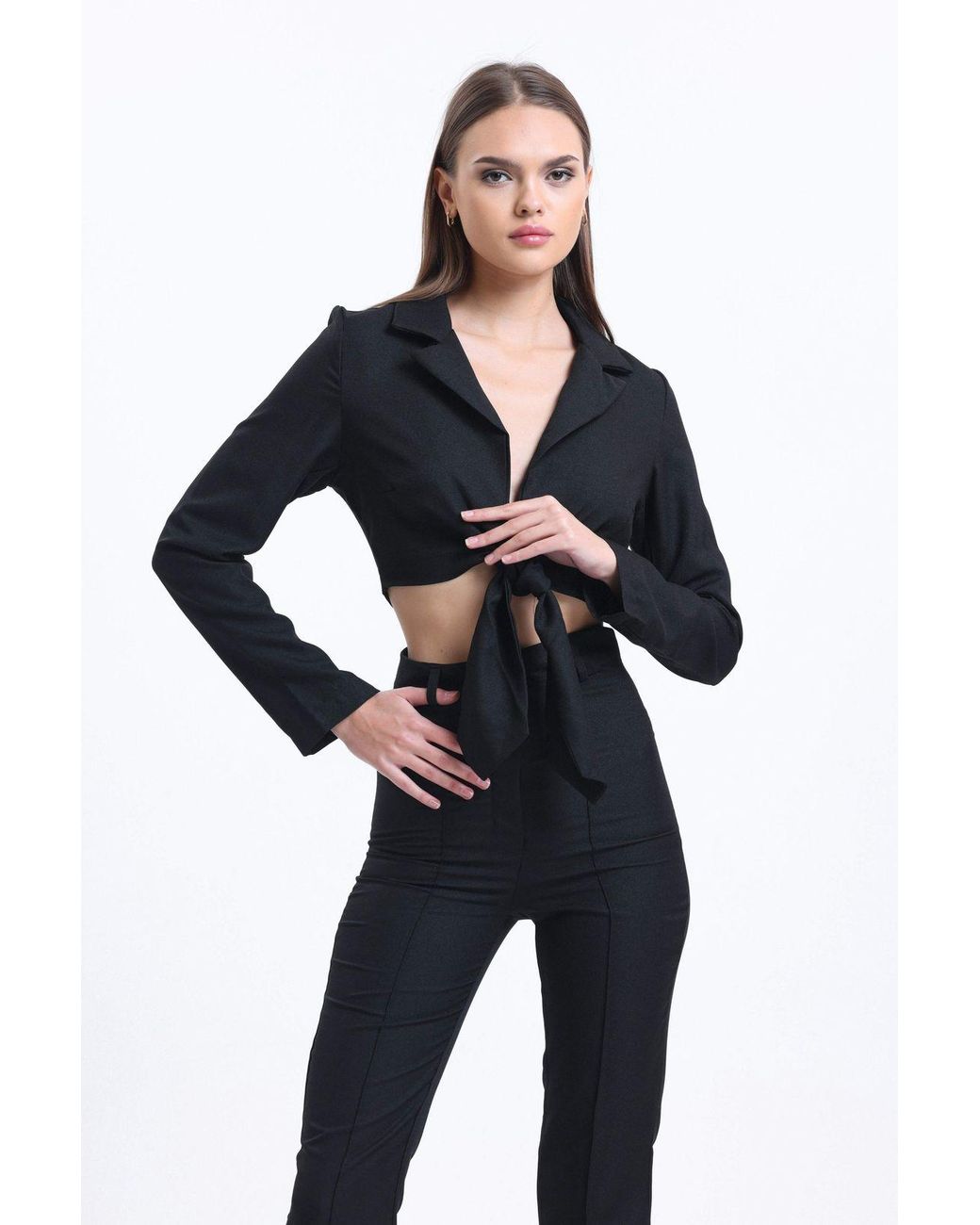 Hiccup Black 2 Pieces: Cropped Shirt With A Tie Up Detail & High Waist Straight Leg Trousers