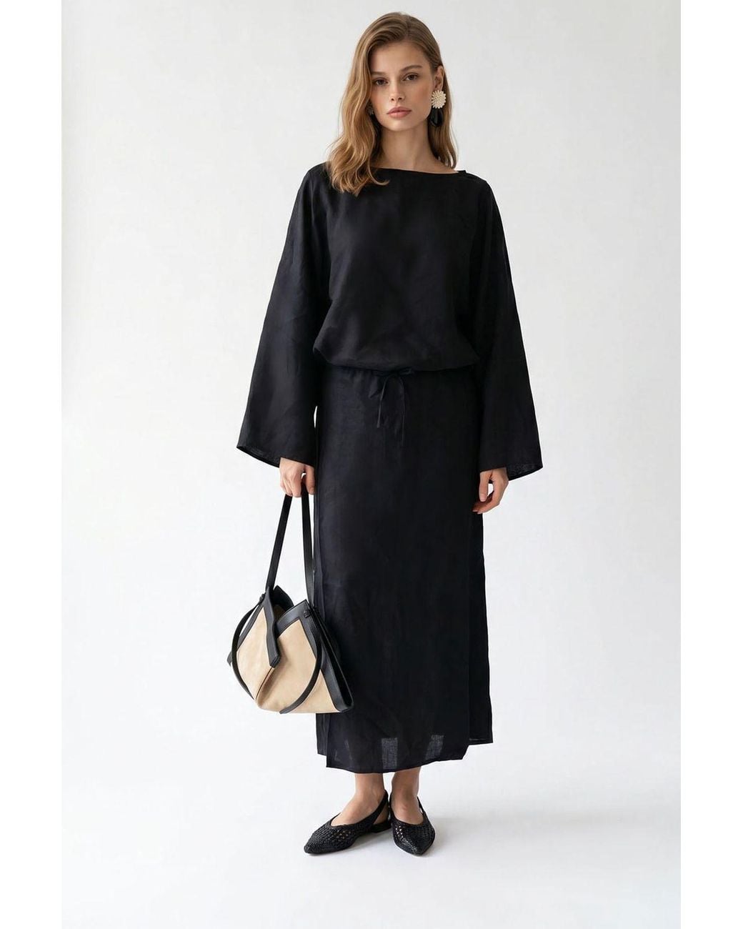 MixRay Black Solid Textured Maxi Dress With Tie Detail