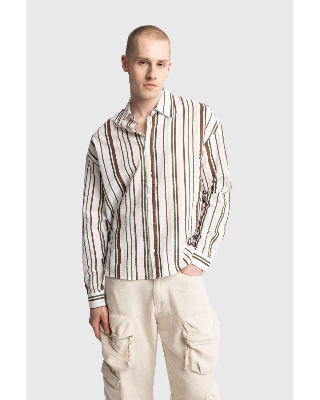 Giesto Natural Relaxed Fit Striped Cotton Shirt for men