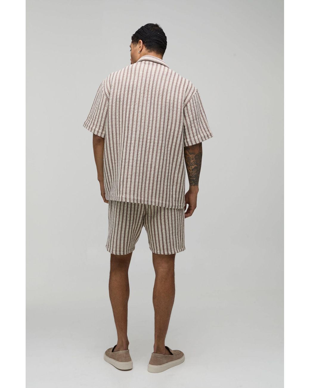 BoohooMAN Brown Oversized Open Weave Shirt And Short Set for men