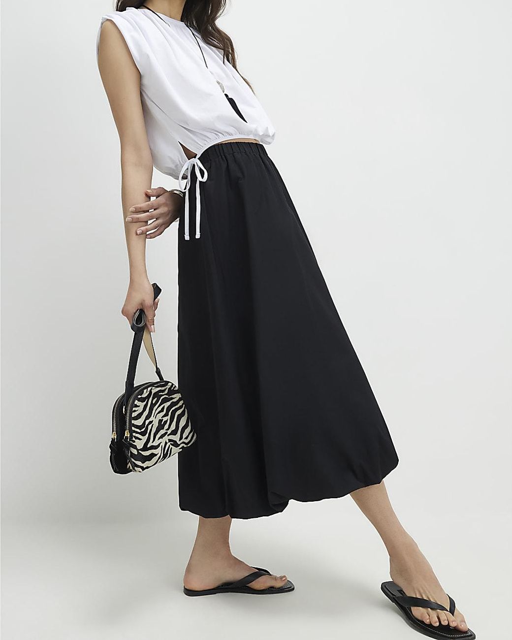 River Island Black Midi Skirt Bubble Hem Elasticated Waist Cotton