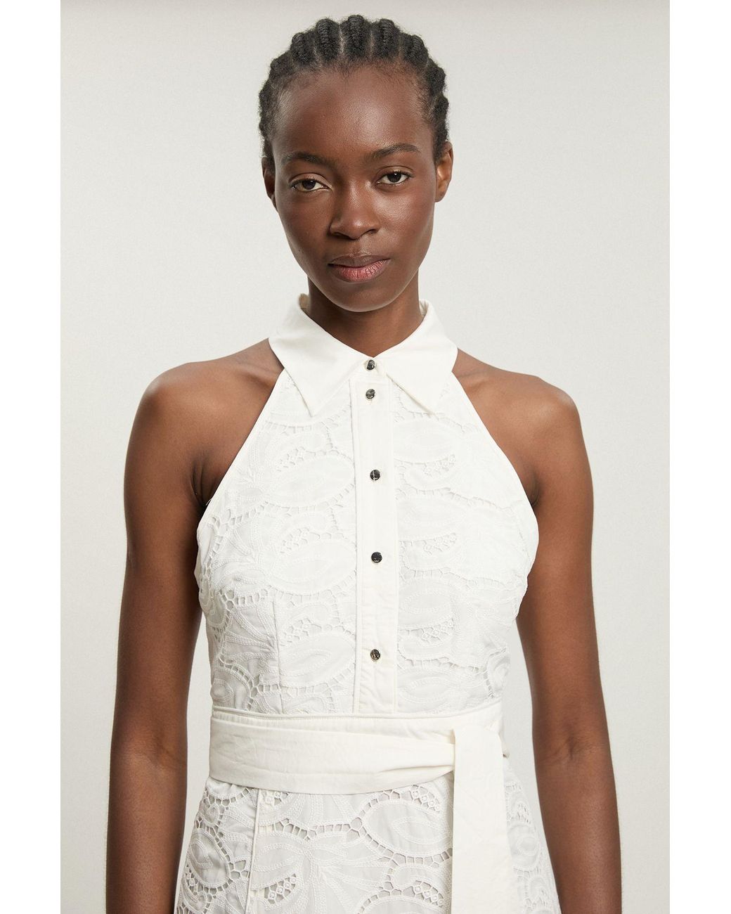 Karen Millen Natural Cutwork Cotton Halterneck Tie Detail Woven Midi Dress