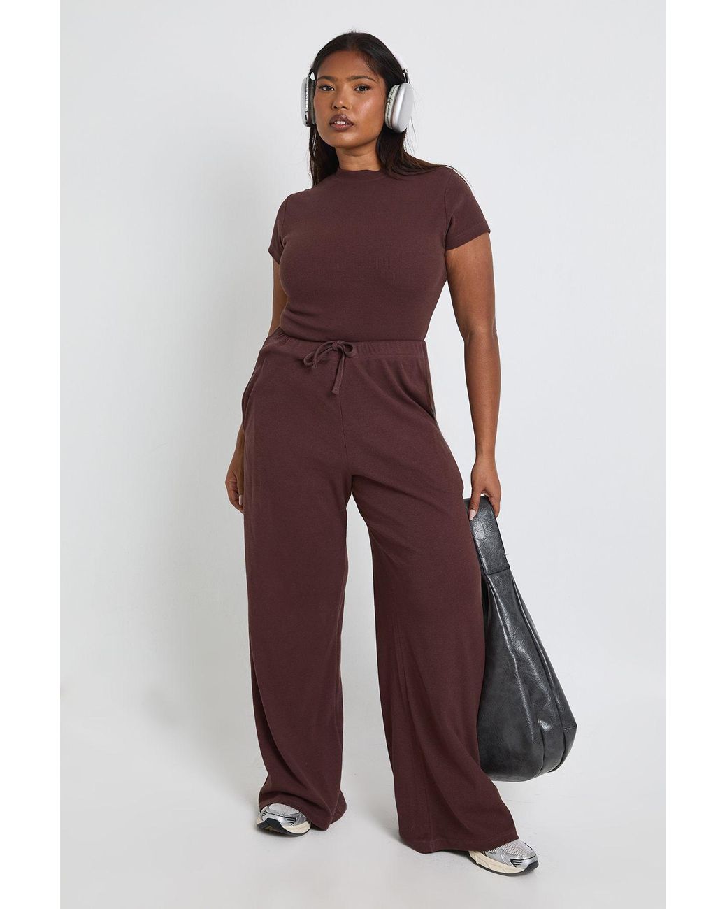 Boohoo Red Plus Rib Wide Leg Trouser