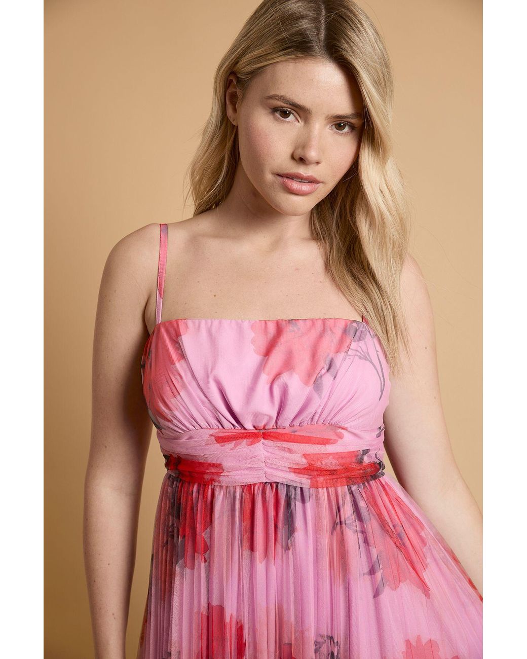 Oasis Pink Pleated Mesh Maxi Dress
