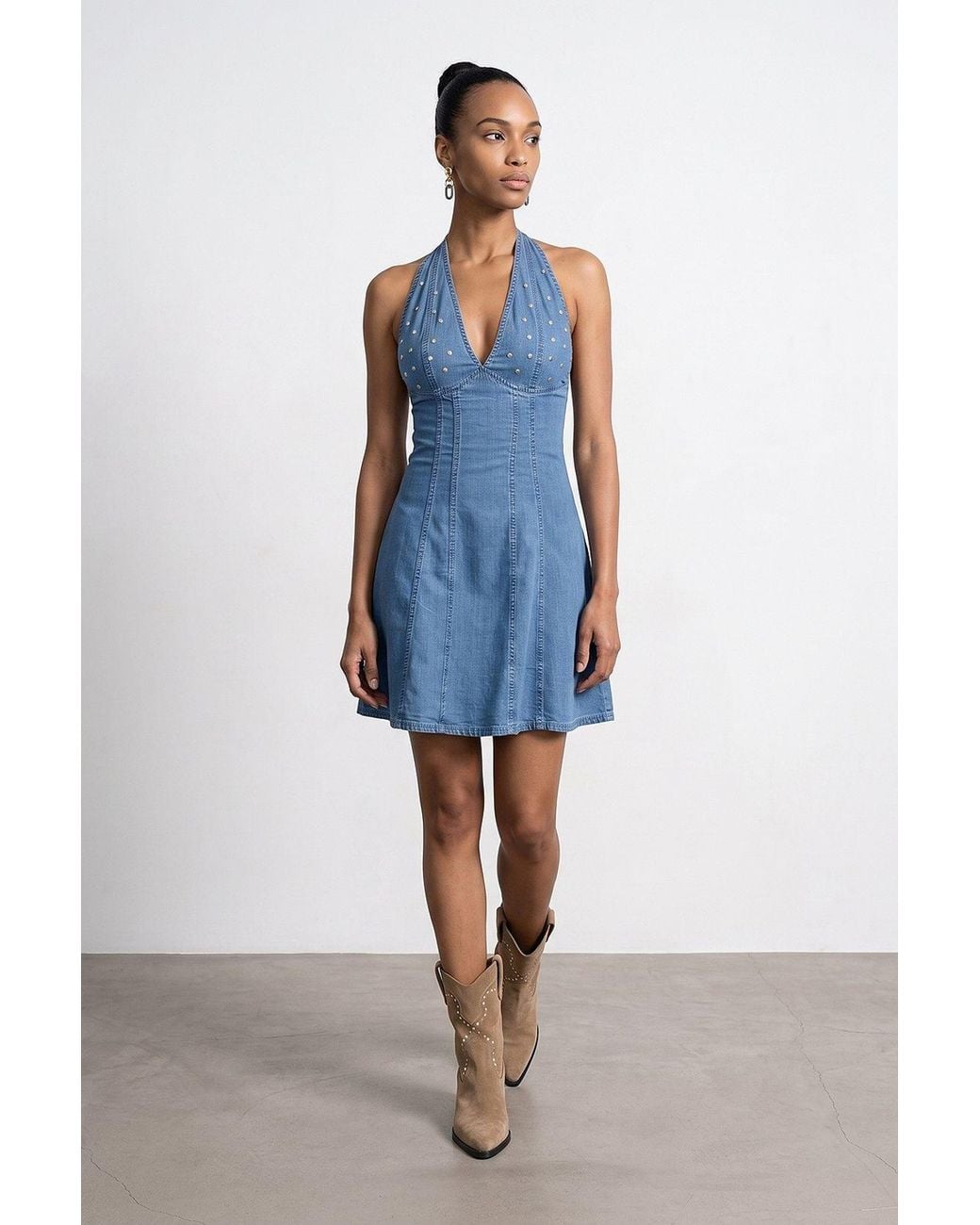 Dilvin Blue Tencel Halter Mini Dress