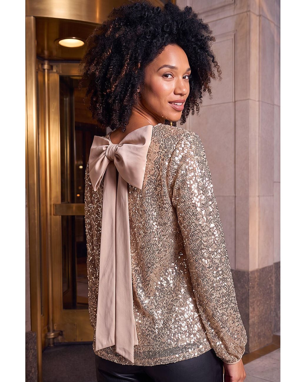 Roman Brown Sequin Satin Bow Back Top
