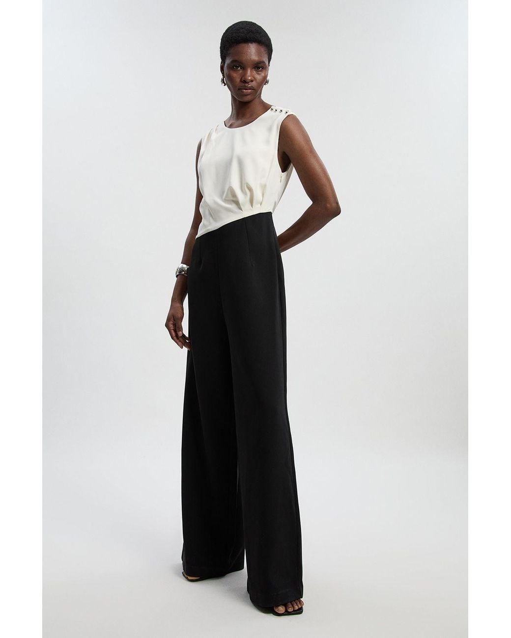 Karen Millen White Soft Tailored Asymmetric Neck Wide Leg Jumpsuit