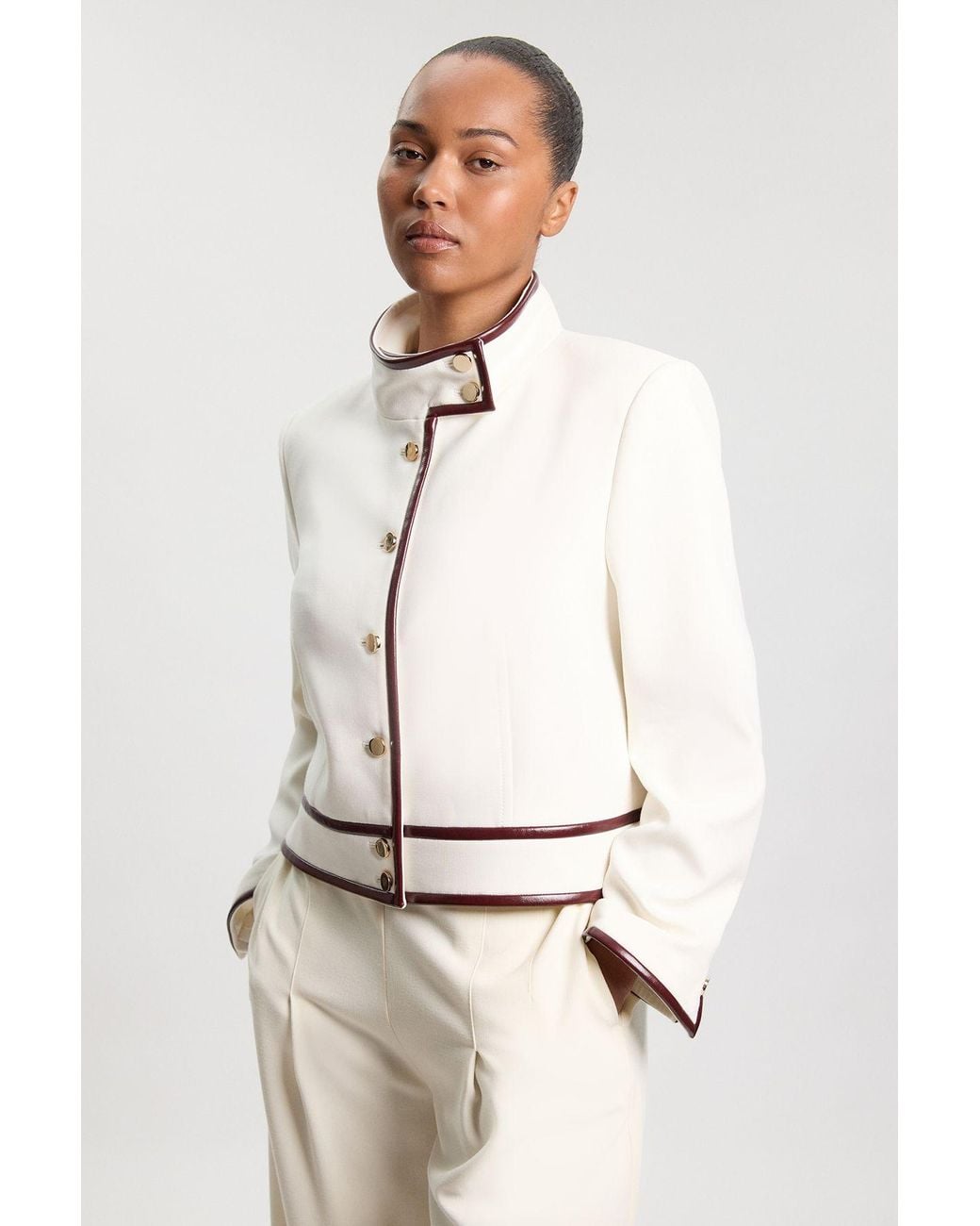Karen Millen Natural Plus Size Compact Stretch Pu Mix Tailored Belted Jacket