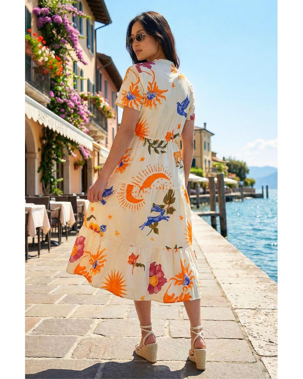 Roman Orange Petite Sunburst Print Tiered Dress