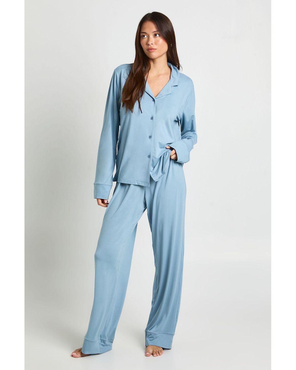 Boohoo Blue Soft Touch Button Through Shirt And Trouser Pyjama Set