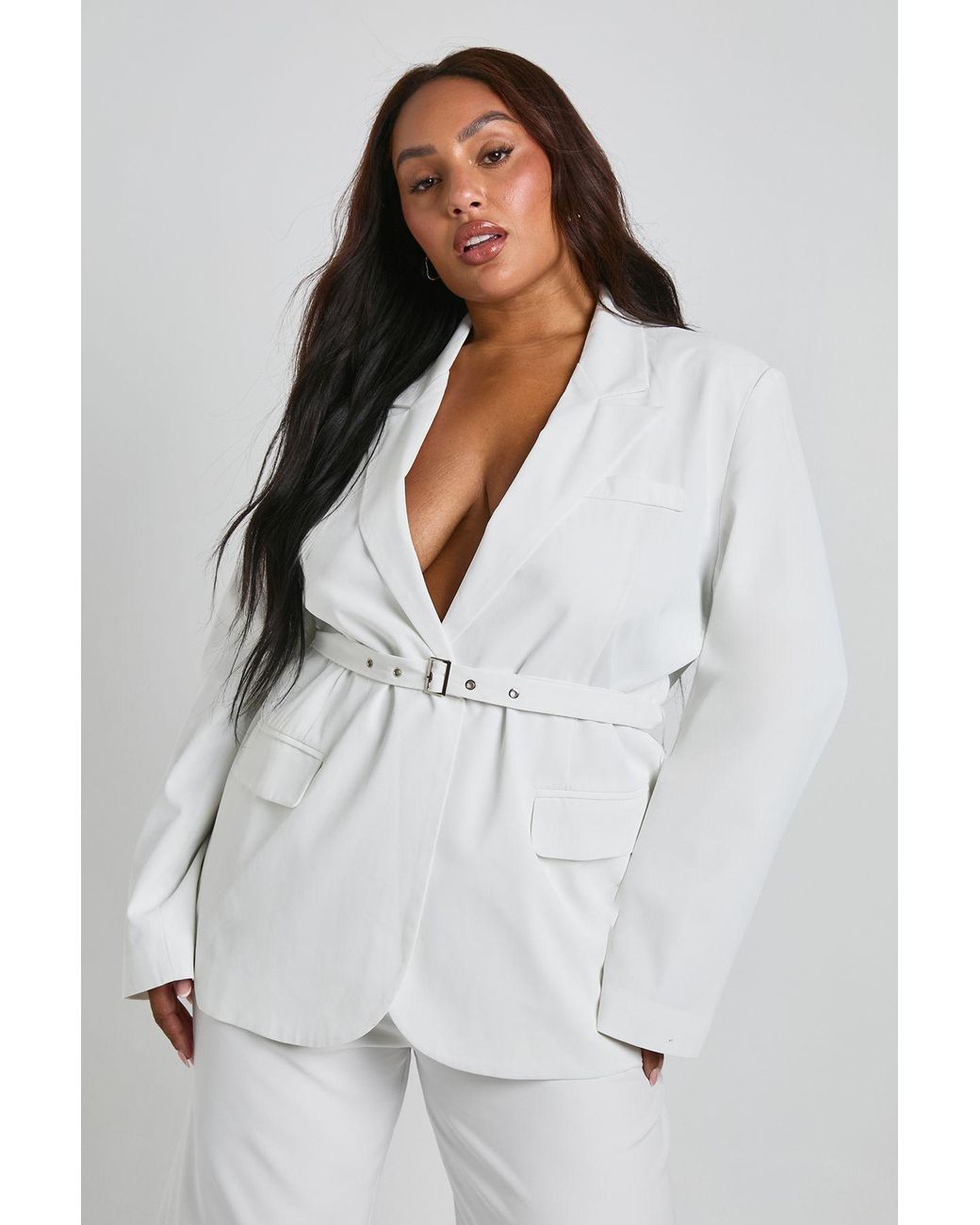 Boohoo White Plus Tailored Tie Belt Wrap Blazer