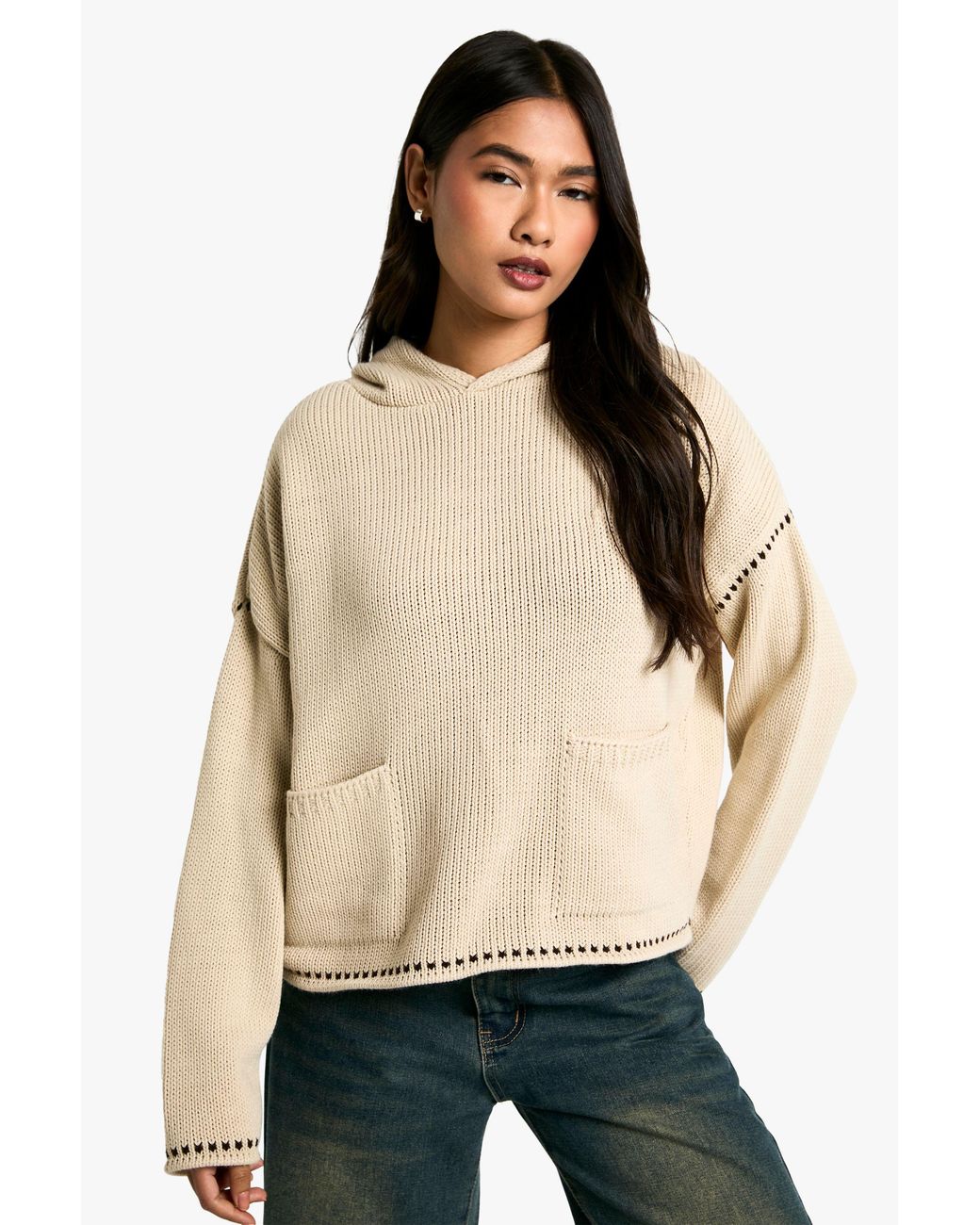 Boohoo Natural Premium Blanket Stitch Detail Knitted Hoody