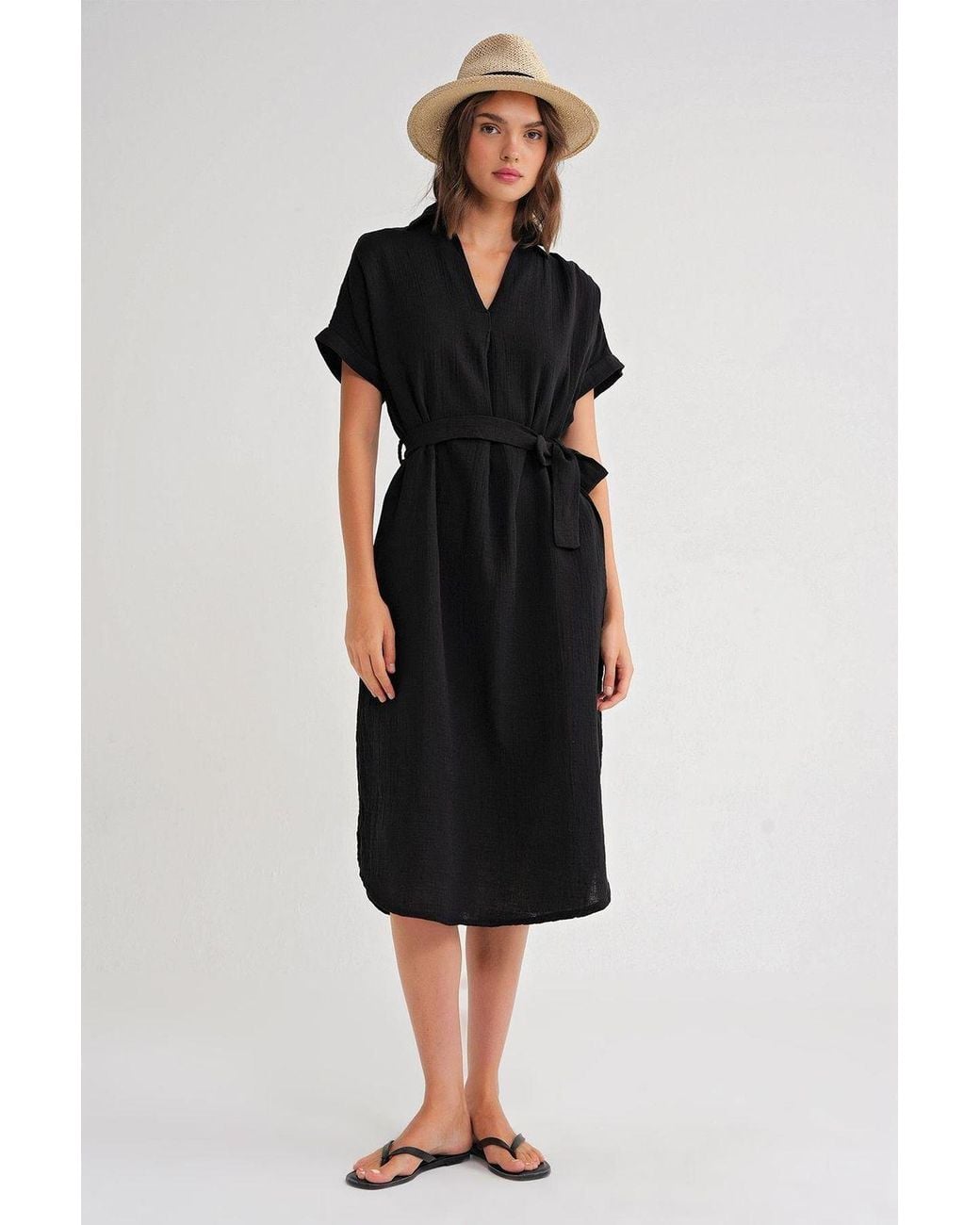 MixRay Black Belted Short-Sleeve Midi Dress