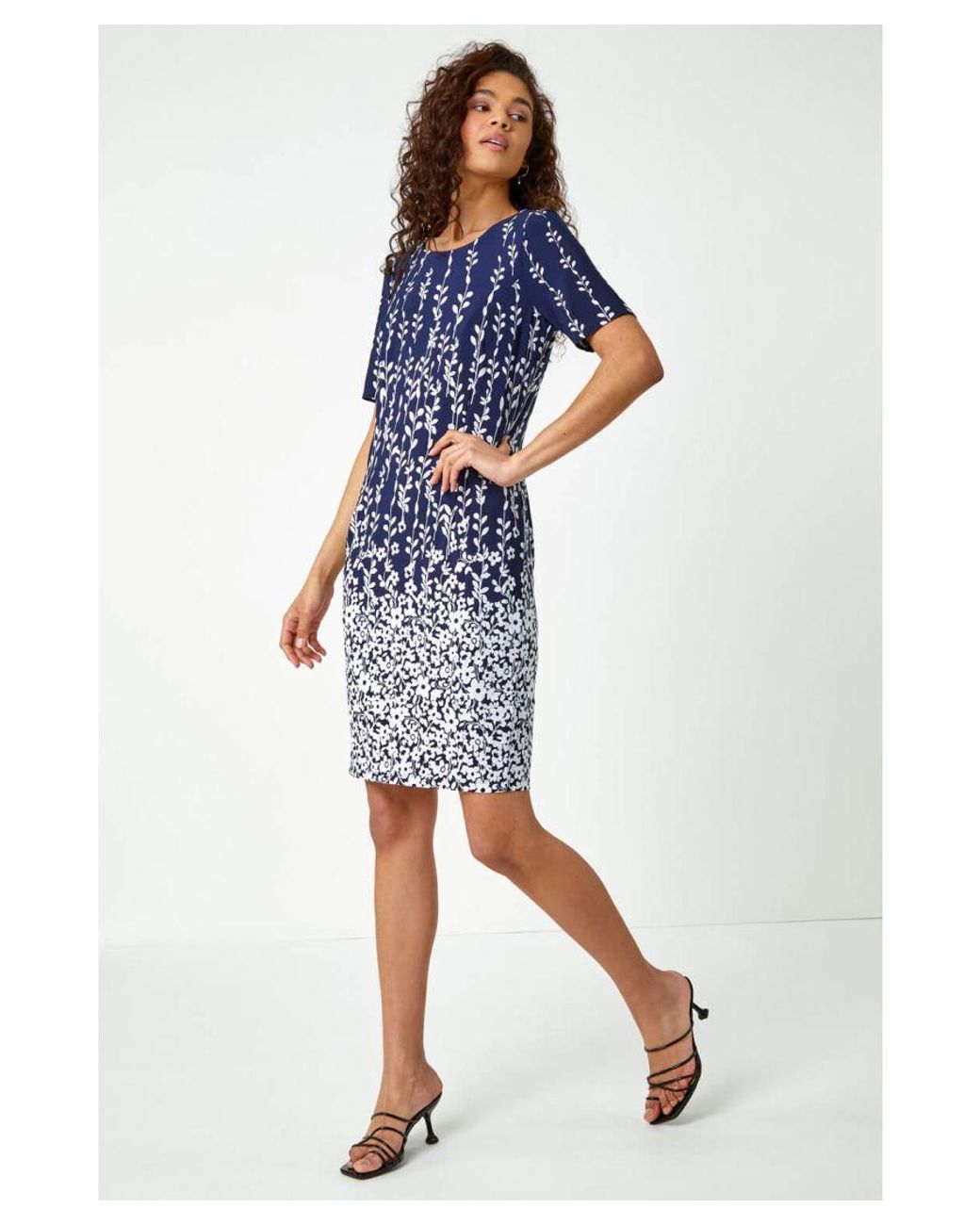 Roman Blue Border Print Floral Shift Dress