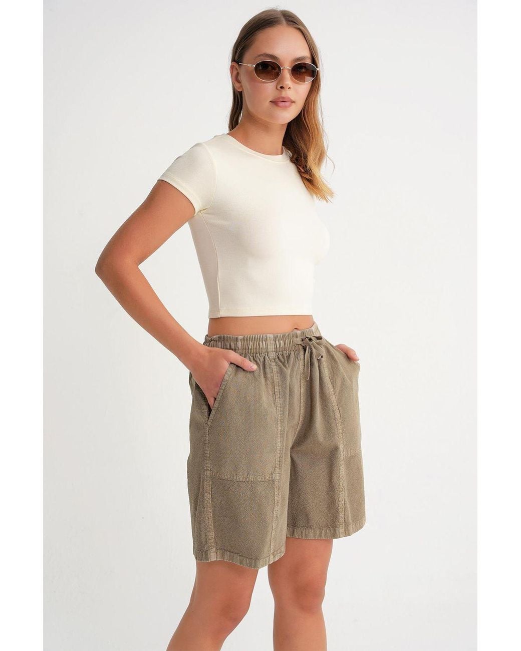MixRay Natural High Waist Cotton Drawstring Mini Shorts
