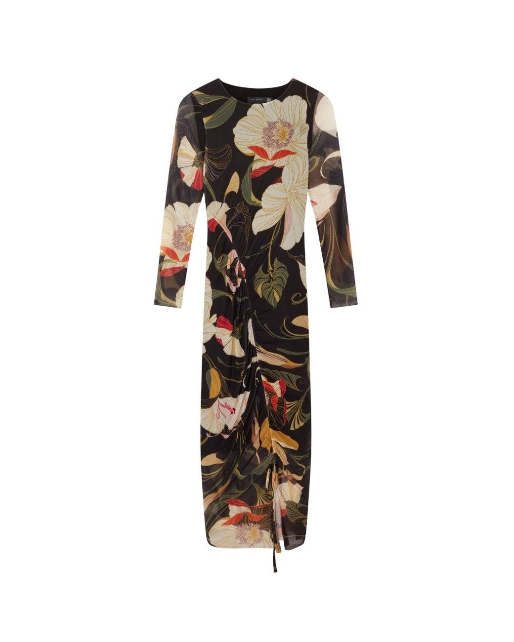 Ted Baker Black Printed Mesh Bodycon Gathered Midi Dress