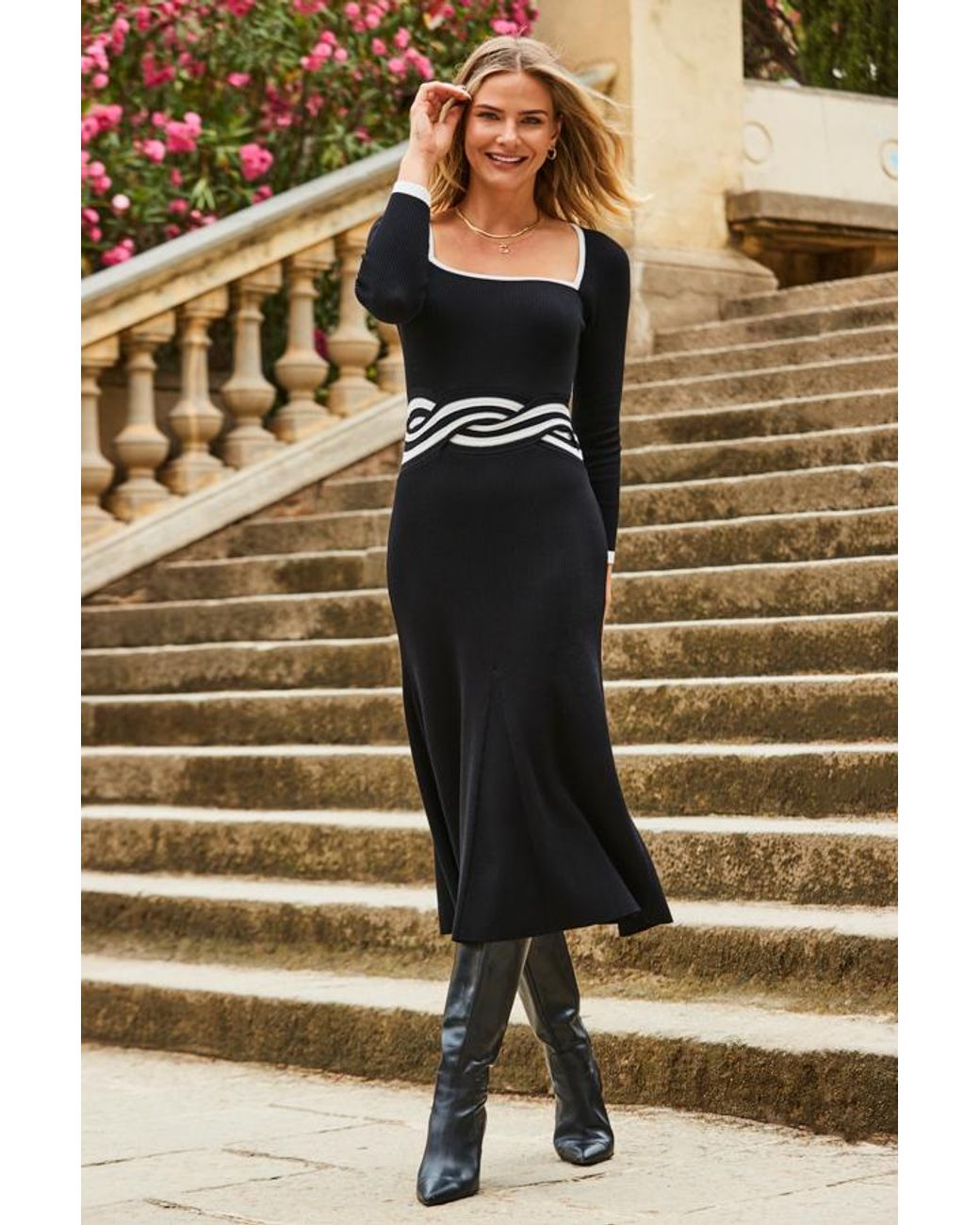 Sosandar Metallic Twist Detail Fit & Flare Knitted Dress