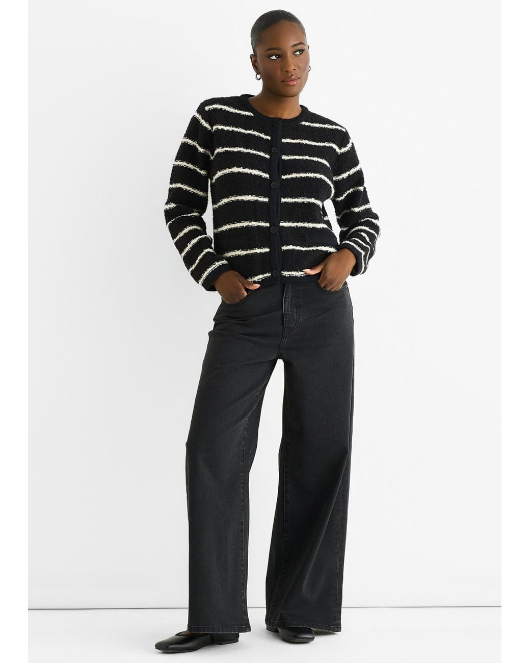 Gini London Black Stripe Military Crop Recycle Knit Cardigan