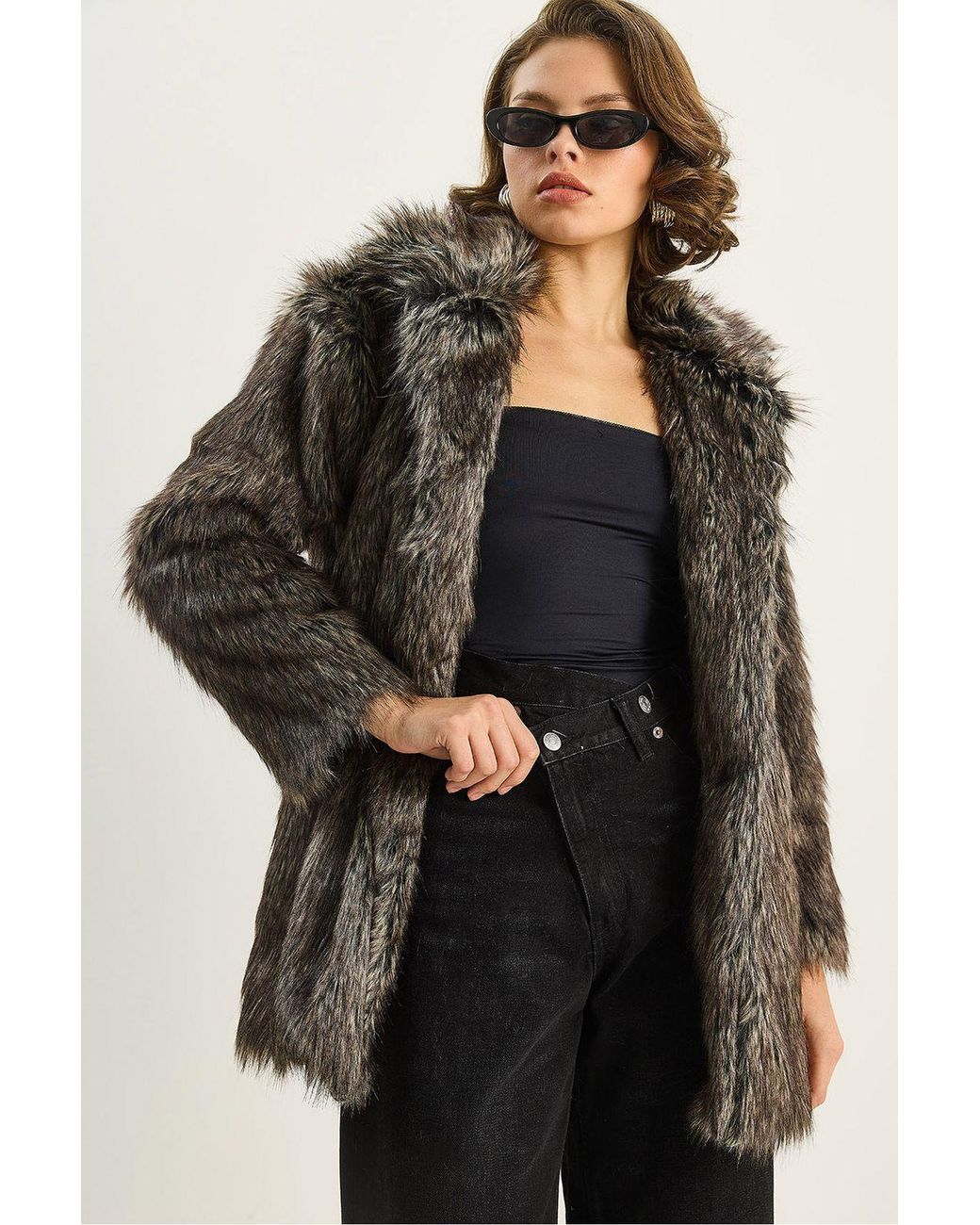 Bianco Lucci Black Faux Fur Coat