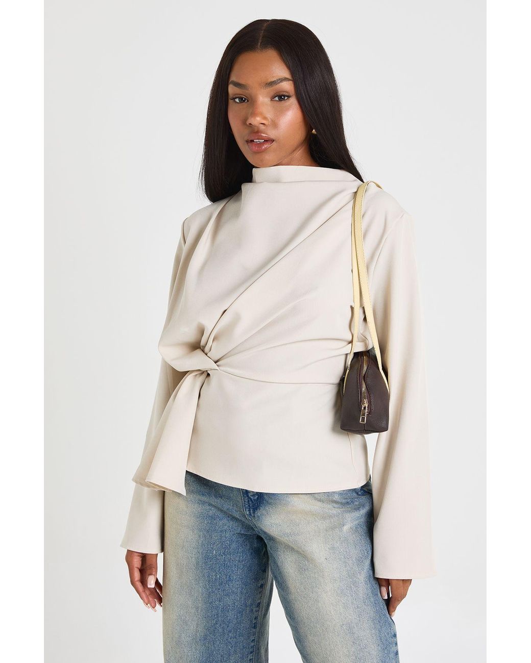 Boohoo Natural Marl Knot Detail Long Sleeve Top