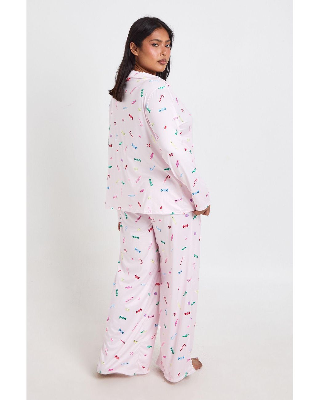 Boohoo Pink Plus Sweet Print Long Sleeve Shirt & Trouser Pyjama Set